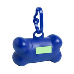 A blue bone-shaped waste bag dispenser with a clip for easy attachment. It has a blank area for potential labelling.