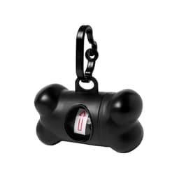 A black bone-shaped bag dispenser with a clip, containing rolls of waste bags inside.