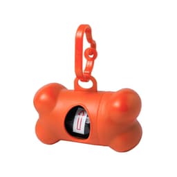 An orange bone-shaped pet waste dispenser with a clip and a roll of waste bags inside.