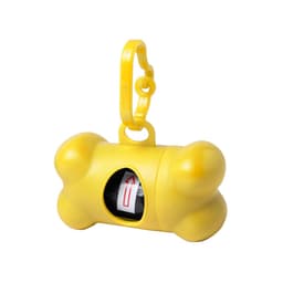 A yellow bone-shaped pet waste bag dispenser with a clip for attachment. It includes a roll of waste bags inside.