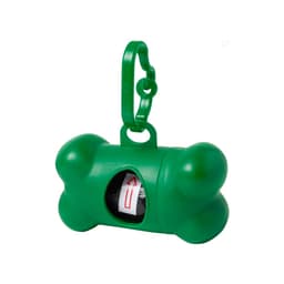 A green bone-shaped dispenser with a clip, featuring a rolled up waste bag inside. It has a logo on its surface.