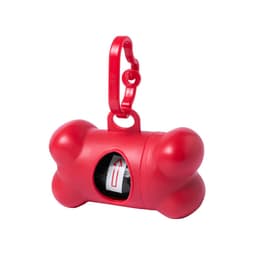 A red bone-shaped bag dispenser with a clip, containing waste bags inside. It also features a logo.