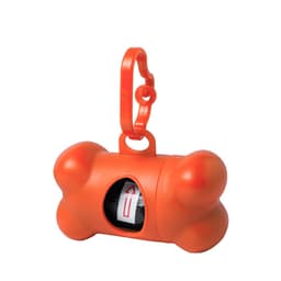 An orange bone-shaped pet waste bag dispenser with a clip attachment, featuring a roll of bags inside.