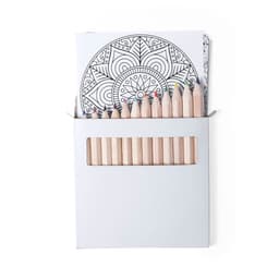A box of coloured pencils in various hues, alongside printed colouring sheets featuring intricate designs.