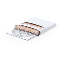A box of coloured pencils in various hues, partially revealed alongside a mandala colouring page. The box has a logo.