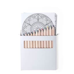 A box of coloured pencils with a variety of colours, alongside patterned colouring pages; features a logo on the packaging.