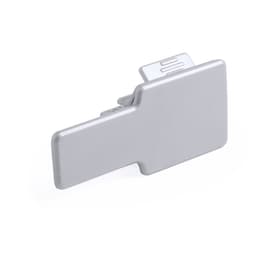 A silver phone stand with a sleek design and a logo on the side.