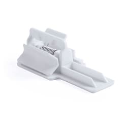 A white phone stand featuring a spring mechanism for adjustable support and stability.