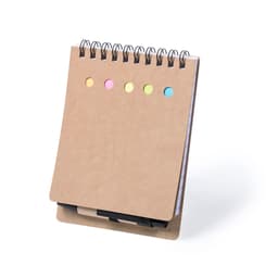 A spiral-bound notebook with a brown cover and five colourful sticky flags on the top.