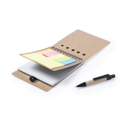 A notebook with a brown cover, filled with sticky notes in pastel colours and accompanied by a black pen.