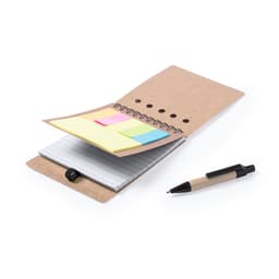 A brown notebook with a spiral binding, featuring sticky notes in yellow, pink, and green, accompanied by a black pen.