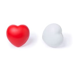 Two heart-shaped stress balls, one in vibrant red and the other in soft white, with a smooth finish.