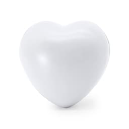 A white heart-shaped stress ball with a smooth surface. It features a logo on one side.