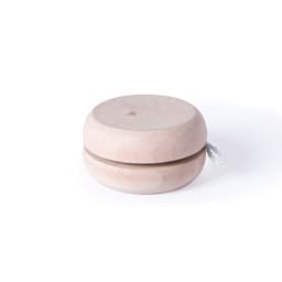 A wooden yo-yo with a smooth, natural finish and a white string attached. It has a simple, rounded design.