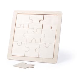 A wooden puzzle featuring nine interlocking pieces, set in a square frame. The pieces are unfinished and light in colour.