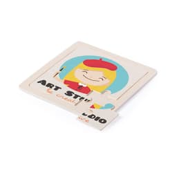 A colourful puzzle featuring a smiling artist with a beret, set on a light background. It has a logo.