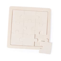 A beige puzzle featuring a square frame with several interlocking pieces, including one piece separated from the main puzzle.
