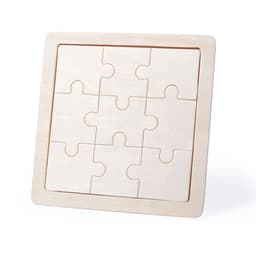 A wooden puzzle featuring nine interlocking pieces, set in a square frame. Natural wood colour with smooth edges.