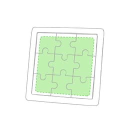 A green jigsaw puzzle with nine interlocking pieces features a blank central area, set within a white outline.