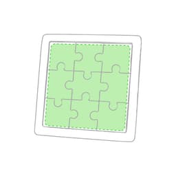A green puzzle with interlocking pieces in a square frame, featuring a simple design. The frame has a dotted outline.