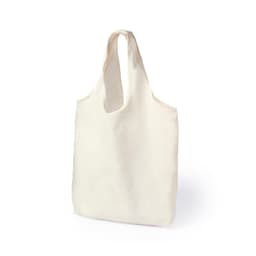 A white tote bag with a simple design and a single branding logo.