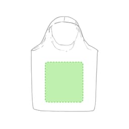 A tote bag in a light colour, featuring a plain green square design and a design logo.