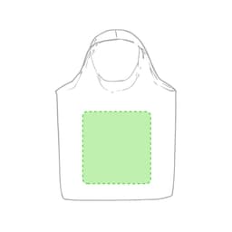 A tote bag in white with a green square patch and a rounded handle, featuring a logo.