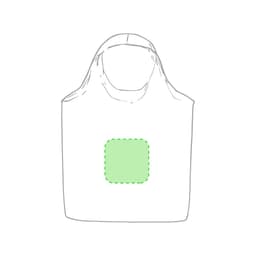 A white tote bag with a rounded handle and a green square design in the centre. It features a logo.