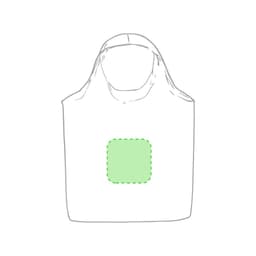 A white tote bag with a green square design in the centre, featuring a simple handle and no additional details.