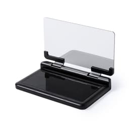 A black dashboard holder featuring a transparent screen stand and a flat base. It includes branding on the base.
