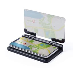 A black car phone holder displaying a smartphone with a map on its screen and a clear protective panel.