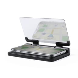 A car phone holder in black with a transparent visor, displaying a smartphone on a map interface.