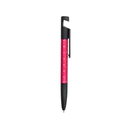 A black and pink pen featuring a ruler design and a clip. The pen also has a branding logo.