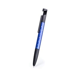 A blue pen with a black grip and a ruler design, featuring a clip for attachment. It has a branding logo on it.