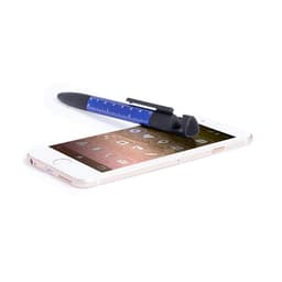 A blue and black pen rests on a smartphone screen, featuring a ruler and stylus tip. The phone has a sleek design.