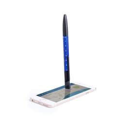 A blue pen is standing upright on a smartphone, showcasing its sleek design and functionality.