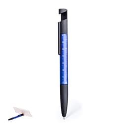 A blue and black pen featuring a ruler and a clip. It also has a logo on the barrel.