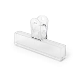 A clear plastic clip with a metal spring mechanism, ideal for holding items together.