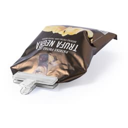 A packet of potato chips in dark packaging with a silver clip at the top, featuring a logo.
