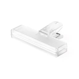 A transparent clip with a rectangular design and a spring-loaded mechanism. It has a simple, clear appearance.