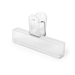 A clear plastic clip with a metal spring, designed for holding papers or signs.