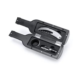 A wine set in a bottle-shaped case, featuring a corkscrew, pourer, and stopper. The case is black.