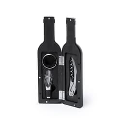 A black wine set in a dual bottle-shaped case, including a pourer, corkscrew, and wine stopper.