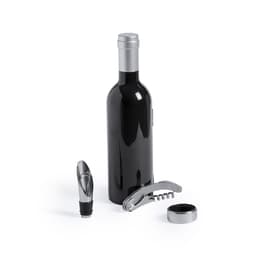 A black wine bottle accompanied by a corkscrew, a pourer, and a bottle stopper, all with metallic accents.