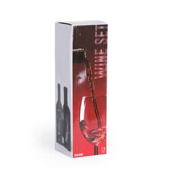 A wine set in a packaging box, featuring a graphic of wine pouring into a glass, predominantly red and black.