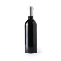 A sleek black wine bottle with a silver cap and a logo on the side.