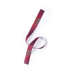 A red promotional ribbon with a logo, featuring a textured design and curled ends.