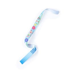 A blue patterned ribbon with colourful designs, featuring branding and phrases, designed as a clothing accessory.