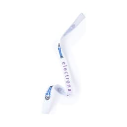 A white ribbon featuring blue illustrations and branding, designed as a clothing accessory.