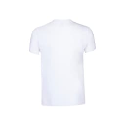 A plain white adult t-shirt with a short sleeve design and a simple back view. It features one logo.